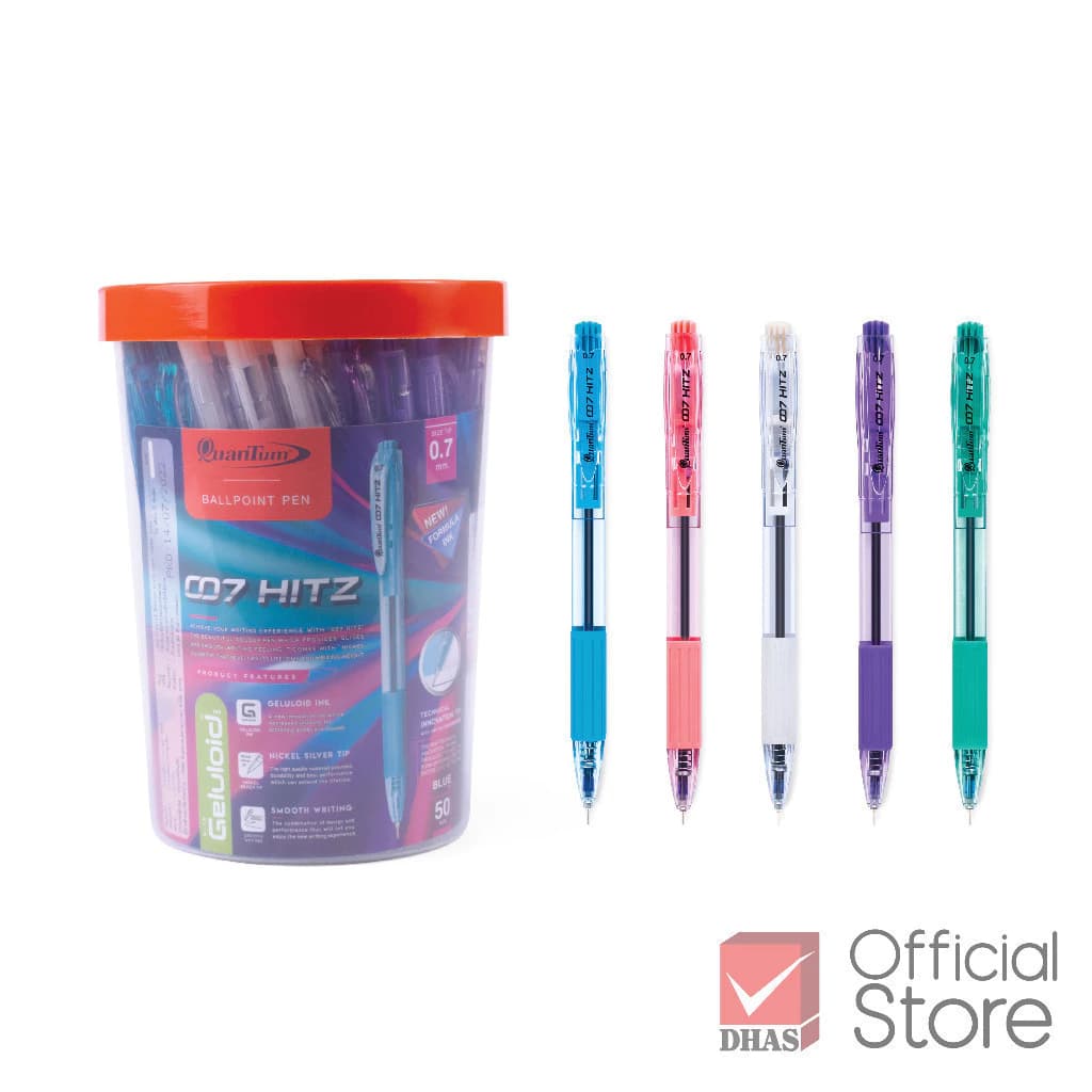 Quantum ปากกาลูกลื่น รุ่น 007 Hitz 0.7 มม. หมึกน้ําเงิน (Low Viscosity) - กระปุก 50 ด้าม