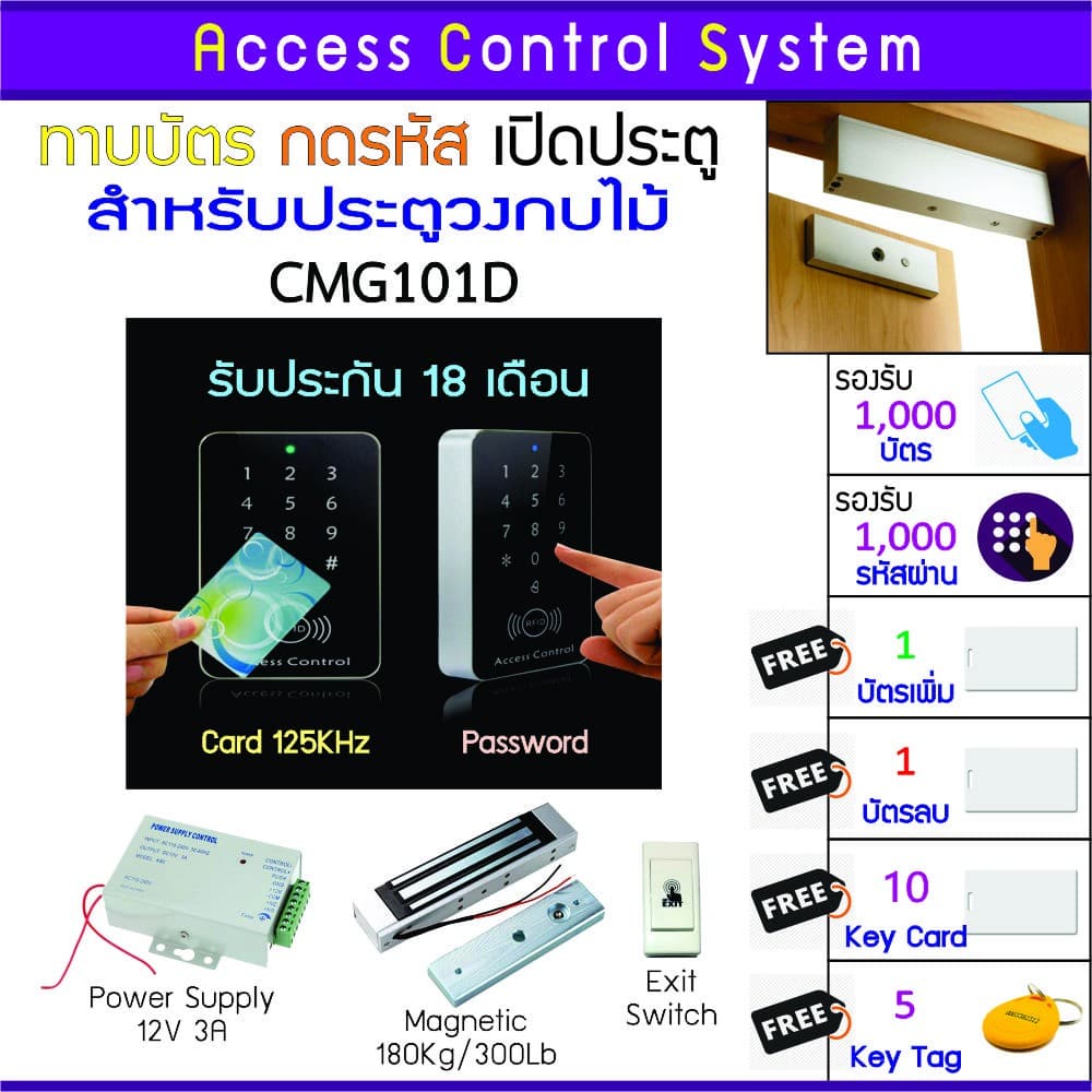CMG101D คีย์การ์ด เครื่องทาบบัตรเปิดประตู พร้อมชุดกลอนสำหรับประตูวงกบไม้ บัตรเพิ่ม บัตรลบ และคู่มือภาษาไทย รูปที่ 1