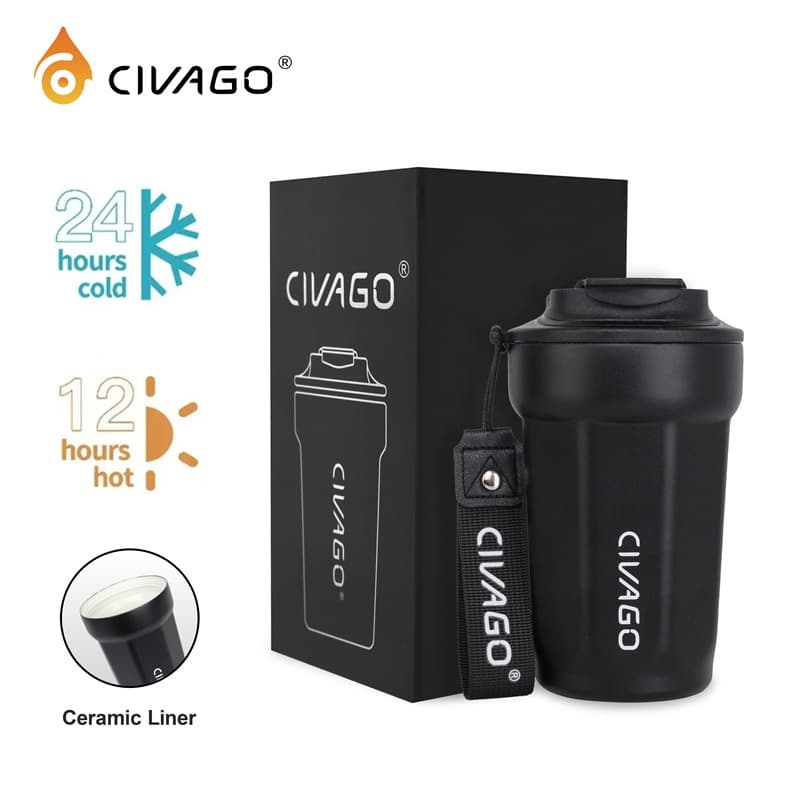 CIVAGO（13oz/390ml）แก้วกาแฟสแตนเลสซับเซรามิกพร้อมฝาปิดกระติกน้ําสูญญากาศแก้วน้ําร้อนและเย็น