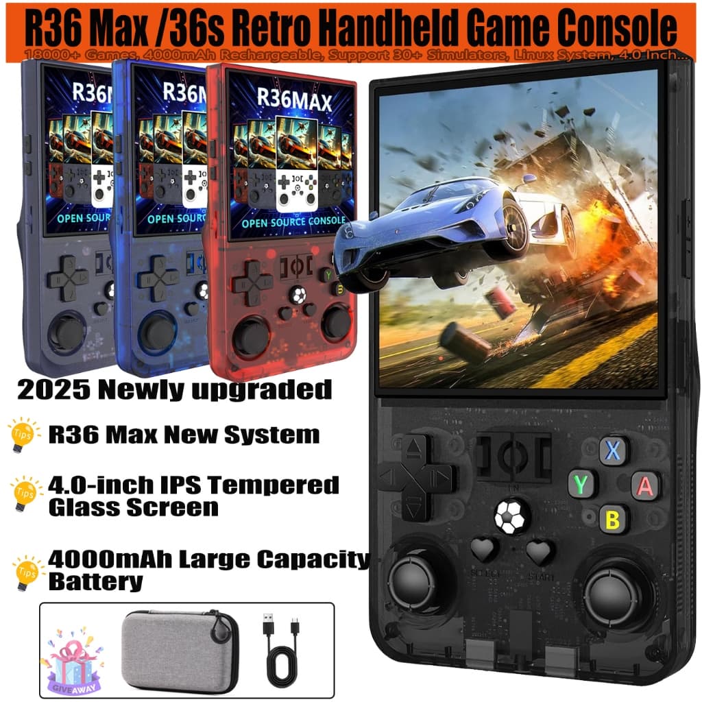 Open Source R36 MAX เครื่องเล่นเกมแบบพกพา - จอ IPS 4 นิ้ว, ความจุ 128GB, อุปกรณ์เล่นเกม Retro… รูปที่ 1