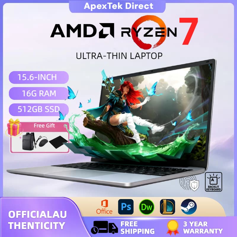 เอเอ็มดี ไรเซน 7แล็ปท็อป ใหม่เอี่ยมเดิมที่มีประสิทธิภาพสูงสํานักงานทํางาน หน้าต่าง 10/11 ปลดล็อคลายนิ้วมือ… รูปที่ 1