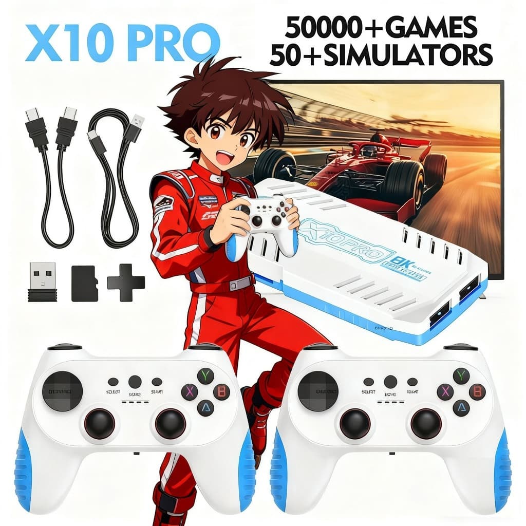 เกมติด X10 Pro 4K วิดีโอทีวีเกมคอนโซลเกมแพดไร้สายวิดีโอเกม 50000 + เกมอาร์เคดคลาสสิก HD สองชั้น รูปที่ 1