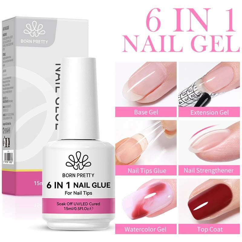 BORN PRETTY 6 In 1 เล็บกาวกดบนเล็บกาว Blooms เจลเสริมสร้างฐานขยาย Top Coat Function เคลือบเงา 15ml