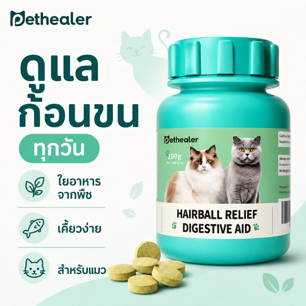 Pethealer เม็ดเคี้ยวสำหรับแมว 100g สูตรดูแลก้อนขน กลิ่นปลา ทานง่าย ใช้ได้