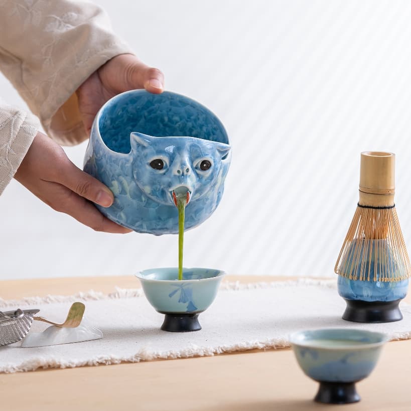 3D เคลือบคริสตัลตลกอาเจียนรูปแมวเซรามิคชามมัทฉะชุดเต็มสำหรับพิธีชงชาสไตล์ญี่ปุ่นเปลไม้ไผ่กรองถ้วยทาส