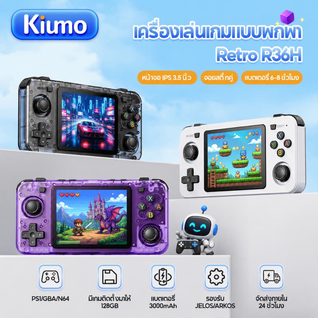 R36H เกมคอนโซลย้อนยุค 128GB แบบพกพา 21000+ เกม ชาร์จได้ PSP ของขวัญคริสต์มาส เกม เล่นได้หลายระบบ พกพาง่าย… รูปที่ 1