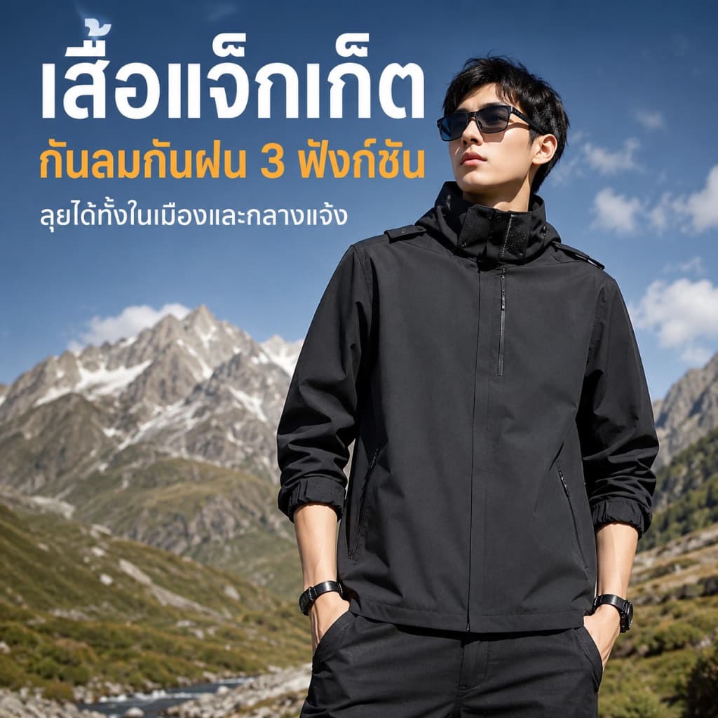 แจ็คเก็ตผ้าร่ม กันลม กันแดด กันน้ำ เสื้อแจ็คเก็ตผู้ชาย เนื้อผ้า 2 ชั้น มีฮู้ด มีกระเป๋าหน้า ซิปซ่อน
