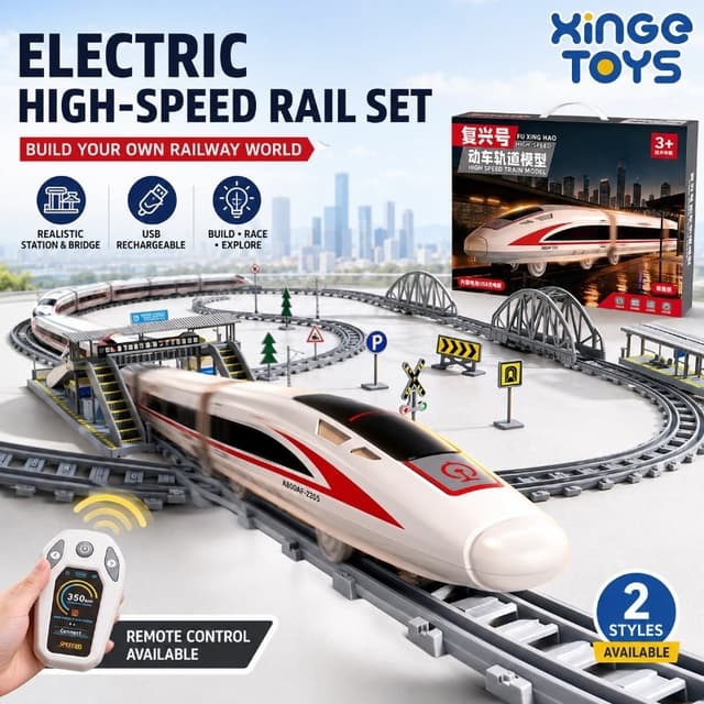 พร้อมสต็อก ชุดรางรถไฟไฟฟ้าควบคุมระยะไกลรถไฟกระสุนความเร็วสูงพร้อมรางคู่อุปกรณ์สถานีสมจริงและสะพาน ลําต้น…