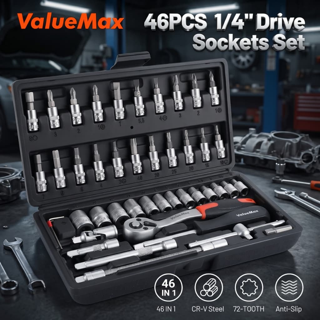 VALUEMAX 46ชิ้น1/4 " ประแจบล็อก ไดรฟ์ซ็อกเก็ตชุดเครื่องมือมือกลกล่องเครื่องมือรถรถจักรยานยนต์ชุดซ่อมสําหรับไขค…