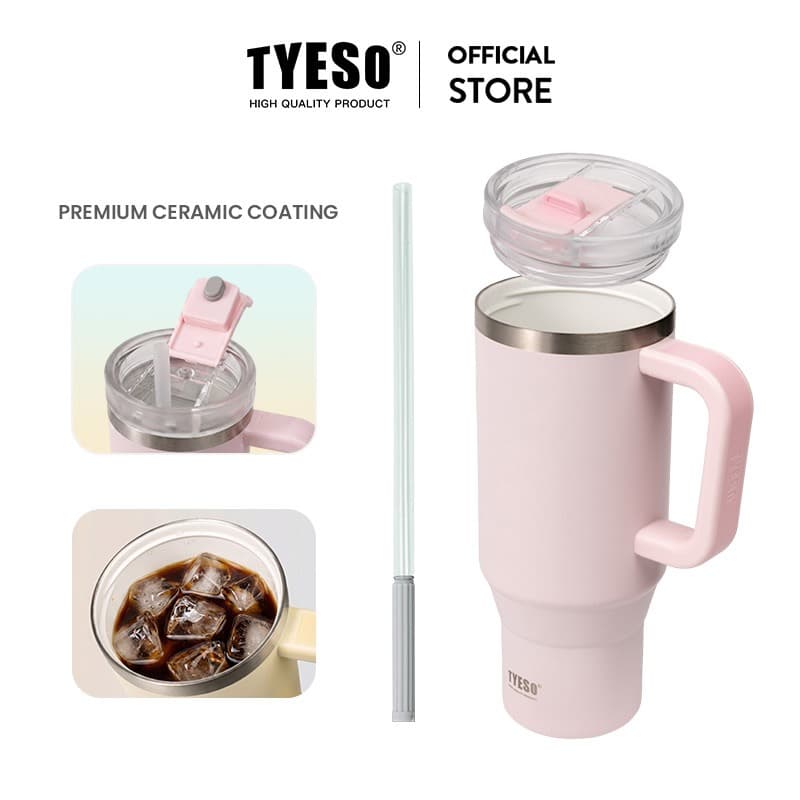 TYESO 01-02904 แก้วเก็บอุณหภูมิ รุ่นใหม่ 900ML/1200ML SUS304 สูญญากาศ เคลือบเซรามิกด้านใน พร้อมหลอดและหูจับ…