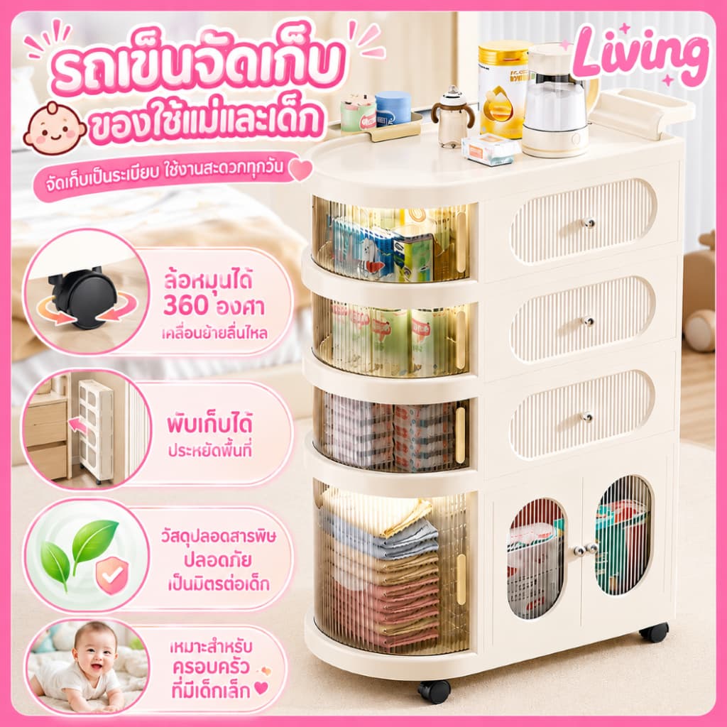 รถเข็นเก็บเด็ก ตู้เก็บของเด็ก ลิ้นชักหลายชั้น พับได้ ลิ้นชักเก็บมีล้อ 360° เสียงเบา อเนกประสงค์ สำหรับของเล่น…
