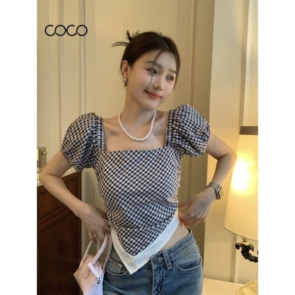 Coco~เสื้อสตรี เสื้อเชิ้ตแขนสั้น Slim Fit ดูบางแขนฟอง เสื้อสไตล์หวาน ผูกโบว์ เสื้อผ้าแฟชั่นผู้หญิง รูปที่ 1