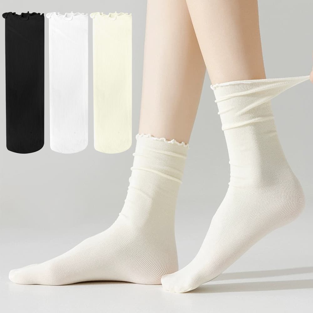 น ่ ารักไม ้ ขอบหู Pile ถุงเท ้ าหลอดกลาง - Breathable, Light - สีทึบ Ruffles Harajuku ถุงเท ้ าน ่ ารัก -… รูปที่ 1