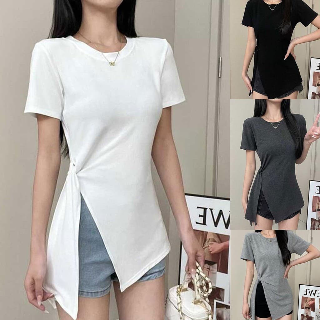Dahong💖 เสื้อยืด oversize แขนสั้นผู้หญิง สีทึบ เสื้อผ้าแฟชั่นผู้หญิง ผ่าข้าง xxl 2663 รูปที่ 1