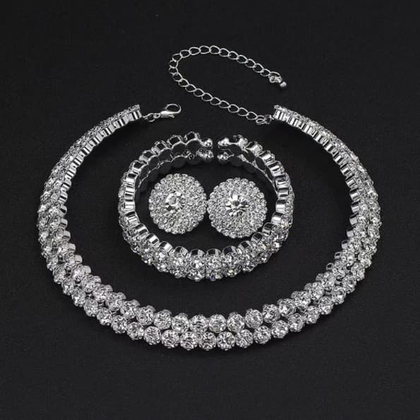 ชุดเครื่องประดับงานแต่งงานแฟชั่นชุดสามชิ้นเจ้าสาว rhinestone ต่างหูแถวคู่สร้อยคอสร้อยข้อมือชุดสร้อยคอผู้หญิงเค… รูปที่ 1