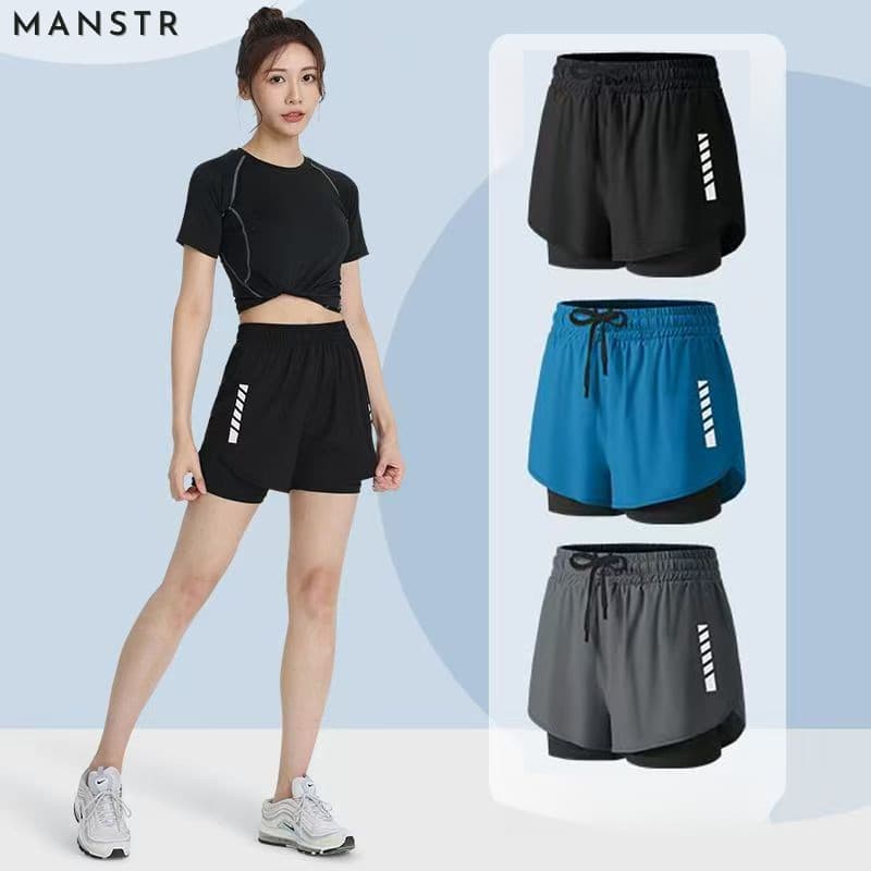 MANSTR M-5xl Unisex 2-in-1 Dir-Fit กางเกงขาสั้นวิ่งกางเกงขาสั้นขี่จักรยานกางเกงกีฬาตาข่ายขาสั้นสองชั้นสีดํา/สี…