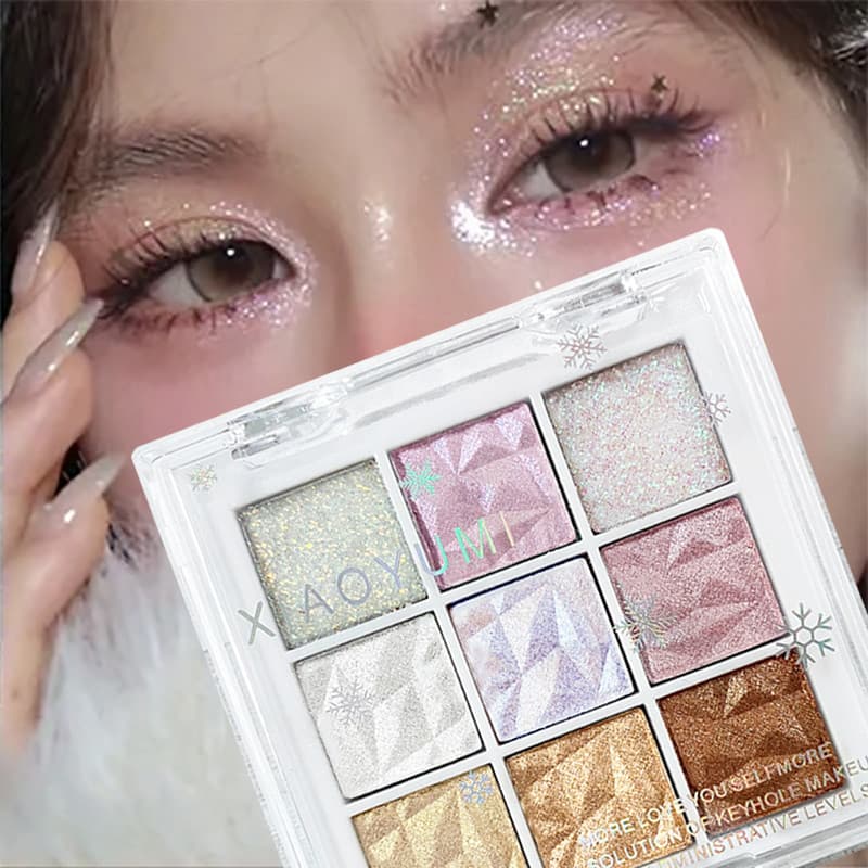 อายแชโดว์พาเลทเก้าสีพร้อมกลิตเตอร์เนื้อละเอียดแวววาวแวววาวประกายมุกที่ละเอียดอ่อนติดทนนานและดวงตา - ผลไฮไลท์ รูปที่ 1