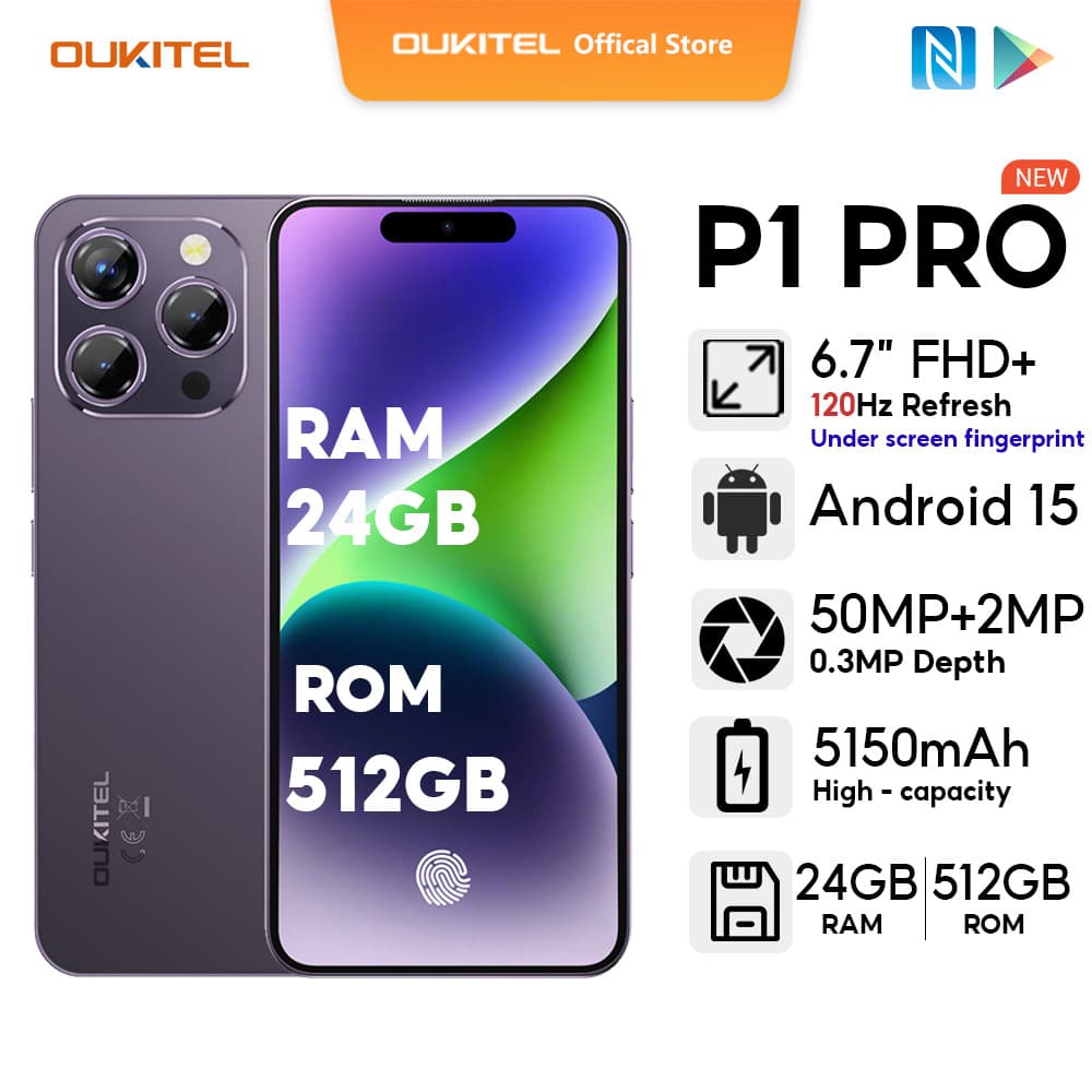 OUKITEL P1 PRO 24GB + 512GB พร้อมหน้าจอลายนิ้วมือในจอแสดงผล 6.72 "FHD + 120Hz จอแสดงผล Handphone 5150mAh… รูปที่ 1