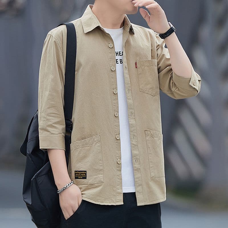 เสื้อเชิ้ตแขนสามส่วนฤดูร้อนผ้าฝ้ายระดับไฮเอนด์เสื้อเชิ้ตแขนสั้นผู้ชายรุ่นหลวมชุดทํางานแจ็คเก็ตกลาง รูปที่ 1