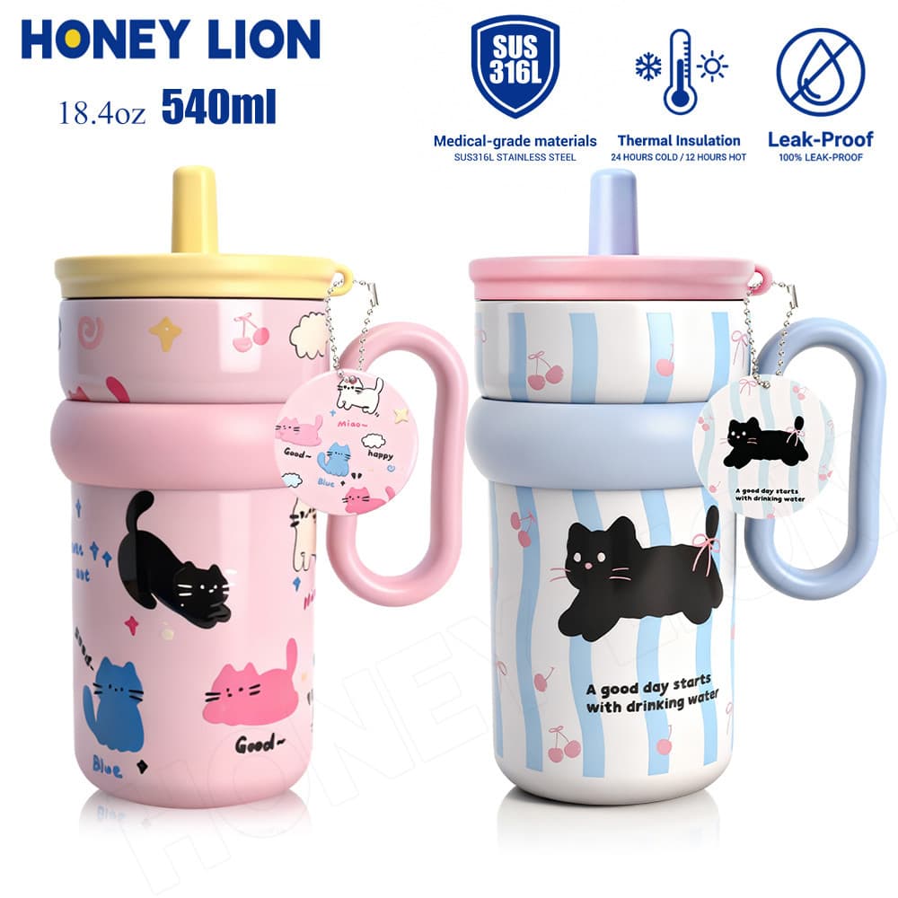 HoneyLion กระติกน้ำเครื่องดูดฝุ่น540ml เก็บความเย็น 12ชม. กันรั่ว 360° - สแตนเลส 316 2 วิธีดื่ม มี charm…