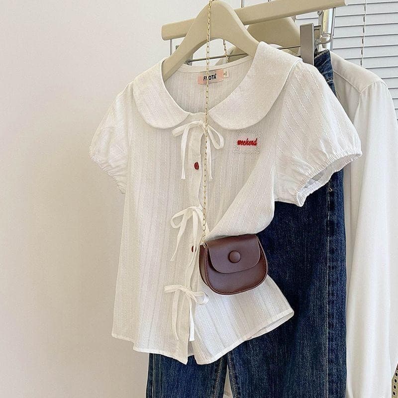 Dahong💖 W674 เสื้อเชิ้ตแขนสั้นผู้หญิง คอปกตุ๊กตา เสื้อผ้าแฟชั่นสไตล์เกาหลี สไตล์ญี่ปุ่น วินเทจ… รูปที่ 1
