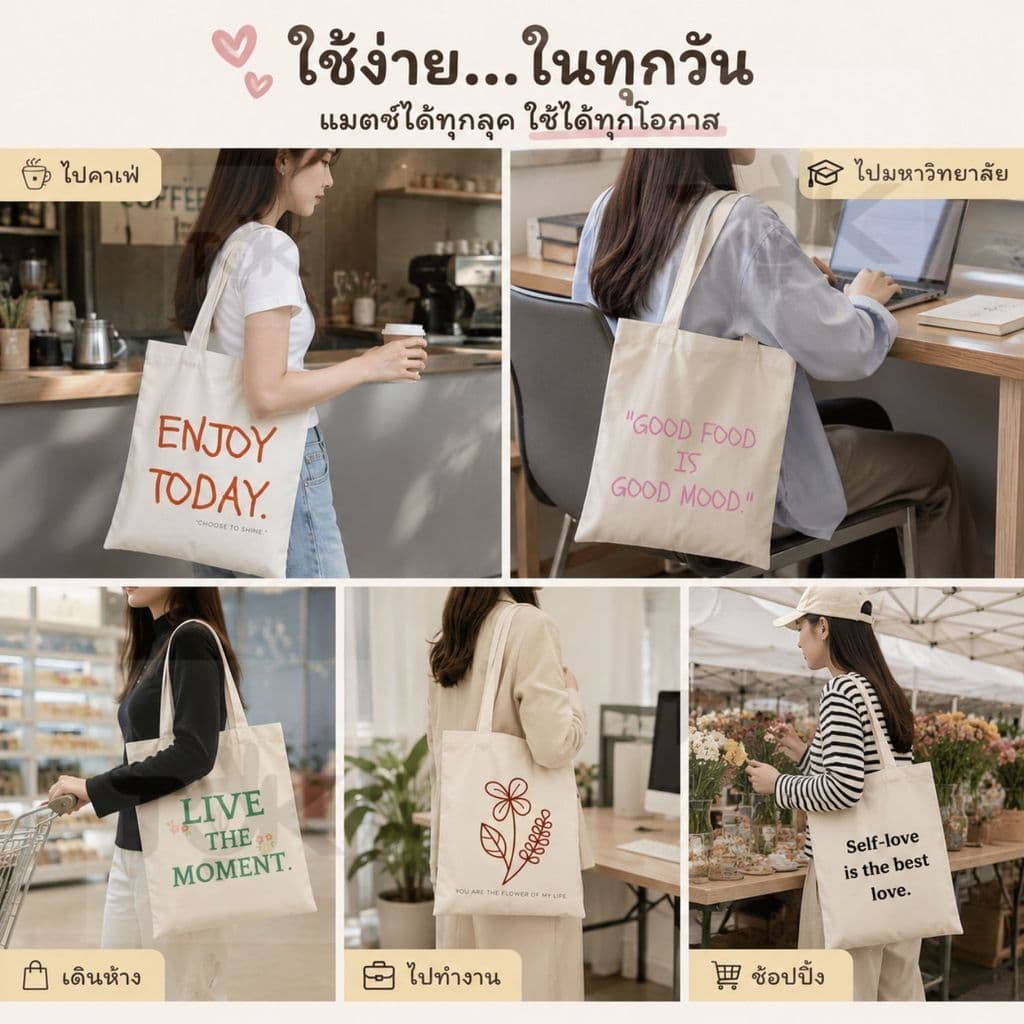 กระเป๋าผ้า มินิมอล Tote Bag ผ้าแคนวาส ลายสกรีนคมชัด จุของเยอะ สะพายไหล่ ใช้เรียน มหาวิทยาลัย ทำงาน รูปที่ 1