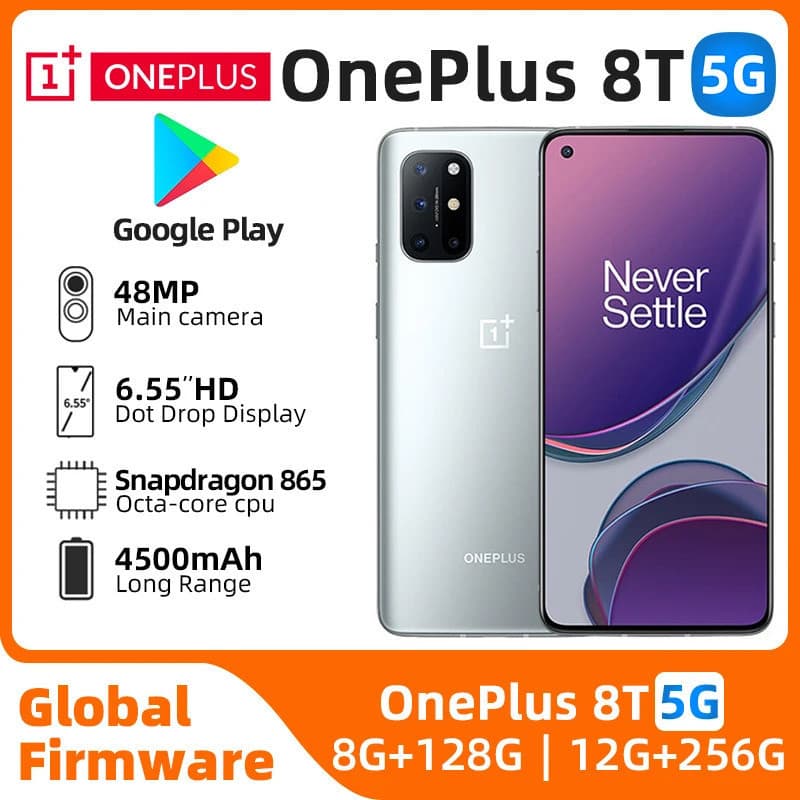 Oneplus 8T โทรศัพท์มือถือ 5G LTE 6.51 "12GB RAM 256GB Dual SIM การ์ดเต็มหน้าจอ Snapdragon 865 โทรศัพท์มือสอง… รูปที่ 1