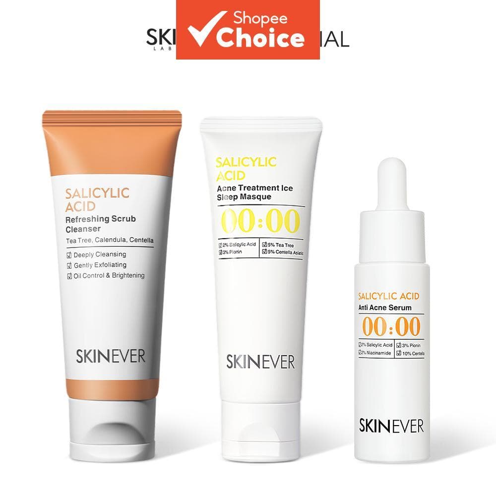 ชุดดูแลผิวหน้าที่รวม 3 ขั้นตอนจาก SKINEVER ประกอบด้วย ผลิตภัณฑ์ทําความสะอาดผิวหน้าผสมกรดซาลิไซลิก สครับขัดผิว… รูปที่ 1