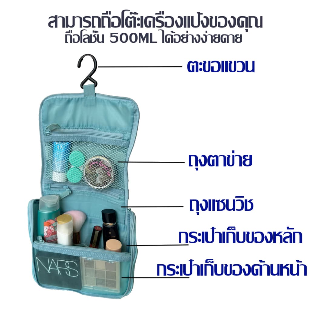 กระเป๋าใส่อุปกรณ์อาบน้ำ กระเป๋าเครื่องสำอาง สินค้าพร้อมส่ง กระเป๋าจัดระเบียบอุปกรณ์อาบน้ำ แขวนได้พกพาได้สะดวก รูปที่ 1