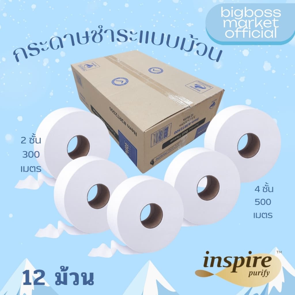 ☘️ [ ยกลัง ] กระดาษทิชชู่ Inspire กระดาษชำระ ยาว 500เมตร/300เมตร กระดาษชำระม้วนใหญ่ ☘️