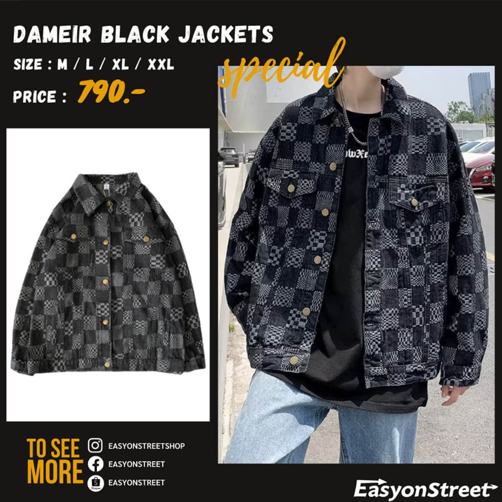 Dameir jacket เสื้อแจ็คเก็ตยีนส์สไตล์เกาหลี เสื้อผ้าแฟชั่น ลวดลายตารางสีดำ ใส่สวยมากๆ ผ้าหนาใส่สบาย รูปที่ 1