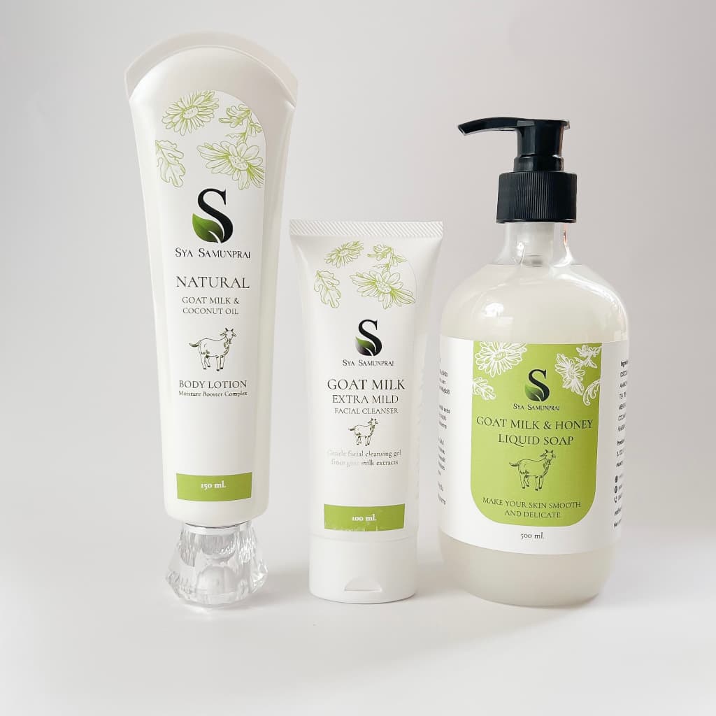 เซ็ตผลิตภัณฑ์จากนมแพะ ประกอบด้วย โลชั่น ครีมอาบน้ำ และครีนซิ่ง Goat milk product set lotion, shower cream,… รูปที่ 1