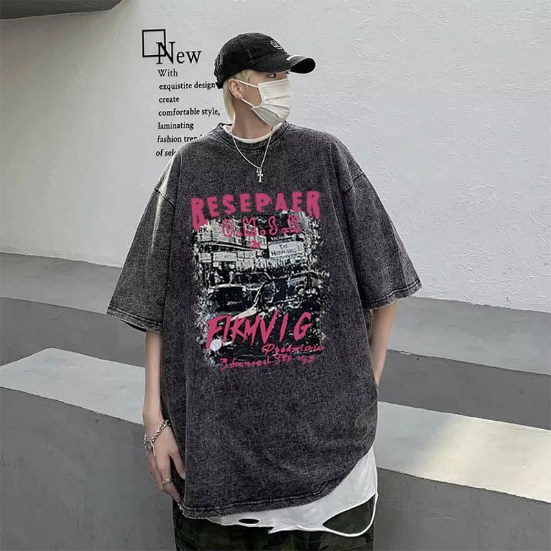 เสื้อฟอกวินเทจผู้ชาย cotton100% oversize เสื้อผ้าแฟชั่นวัยรุ่น เสื้อโอเวอร์ไซส์สไตล์เกาหลี สกรีนลายเท่…