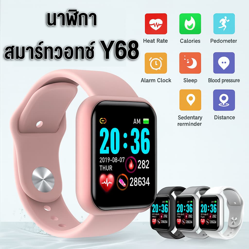 สมาร์ทวอทช์ Y68 สมาร์ทวอทช์บลูทูธนาฬิกาหน้าจอสัมผัส IOS Android Heart Rate Monitor เดินวิ่ง Smart Watch…