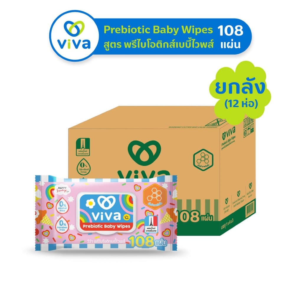 ViVa x Happy Sunday วีว่า Prebiotic Baby Wipes 108 แผ่น 12 ห่อ (ยกลัง)ทิชชู่เปียก สูตรพรีไบโอติกส์