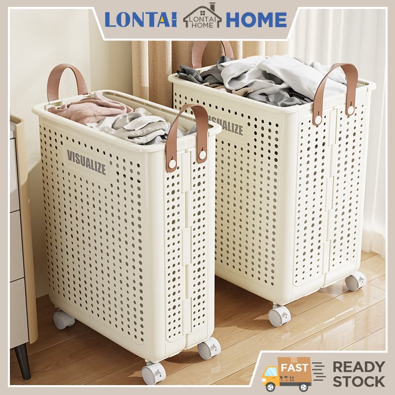 LONTAI ตะกร้าซักผ้าแบบพับได้ ที่เก็บข้อมูลอเนกประสงค์ความจุขนาดใหญ่ ตะกร้าพลาสติกพร้อมล้อ รูปที่ 1