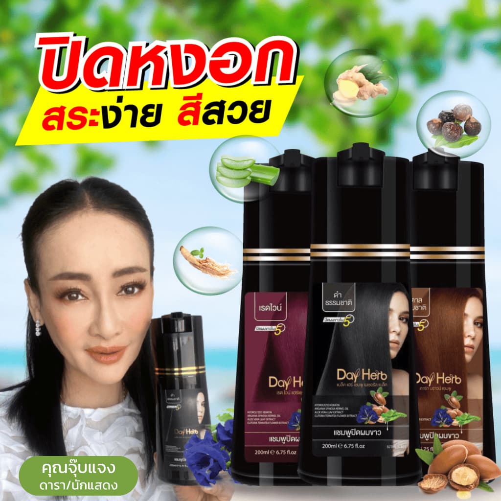 DayHerb แชมพูแก้ผมหงอก แชมพูปิดผมขาว สมุนไพรแท้ 10 ชนิด ปิดหงอกสนิทใน 5 นาที ไม่ต้องย้อมผม สระเองได้