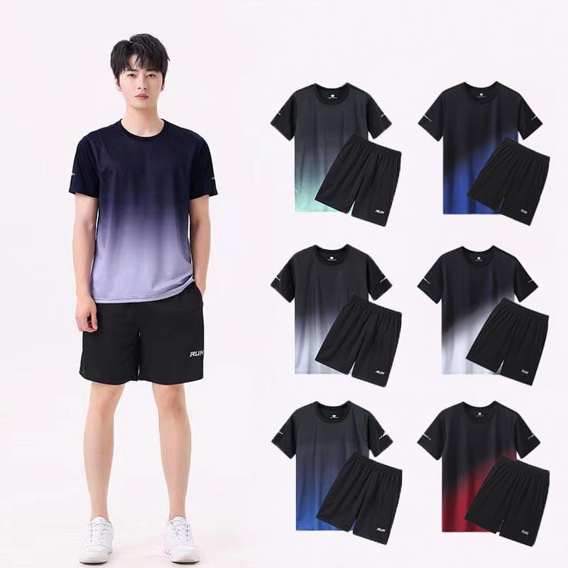 ชุดกีฬา 2 ชิ้น ชุดกีฬา เสื้อยืด+กางเกงขาสั้น ผ้าเบา Run เสื้อยืดคอกลมสีพื้น ชุดกีฬาผู้ชาย ชุดวิ่ง รูปที่ 1
