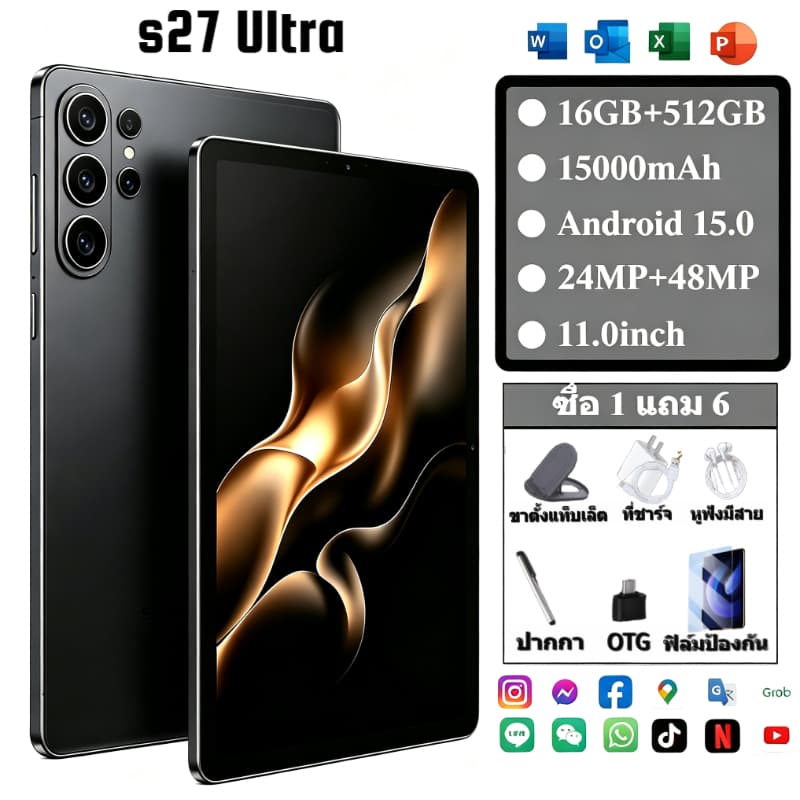 แท็บเล็ต2026 s27 11.0นิ้ว แท็บเล็ต 24+48MP 15000mAh แท็บเล็ต Dual SIM แบตเตอรี่ 3/4/5G Android 15.0 COD รูปที่ 1