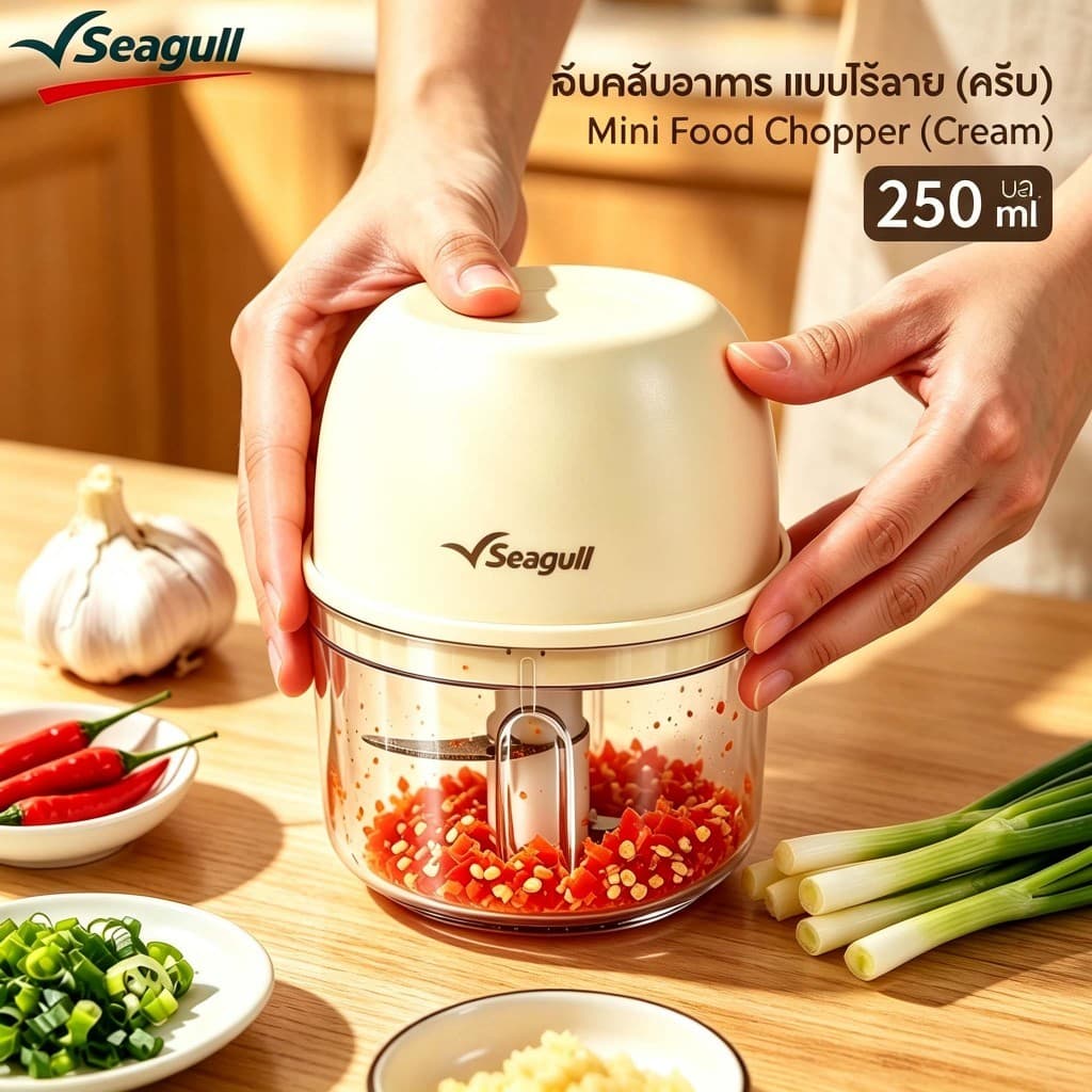 Seagull เครื่องบดสับอาหารไร้สาย 250 มล. สีครีม Mini Food Chopper มีดสแตนเลส ทำอาหารเสริมทารก รูปที่ 1