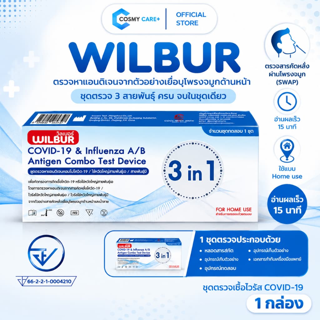 ชุดตรวจโควิด Wilbur 3 IN 1 ไวรัสไข้หวัดใหญ่สายพันธุ์เอ/บี ตรวจโควิด-19 ได้ผลไวภายใน 15 นาที ( รวมมิตรชุดตรวจ )