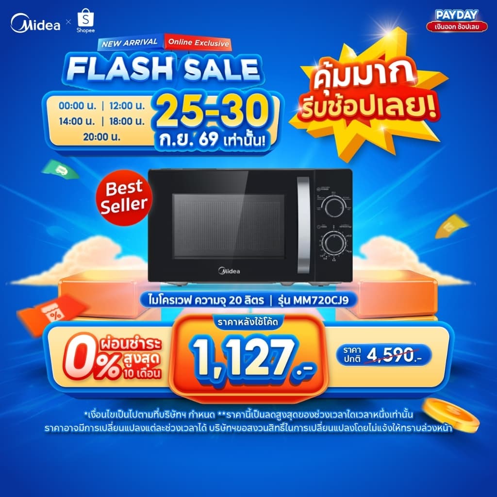 Midea ไมโครเวฟระบบ inverter ความจุ 20 ลิตร รุ่น MM720CJ9 *รับประกันสินค้า 3 ปี / แมกนีตรอน 10 ปี