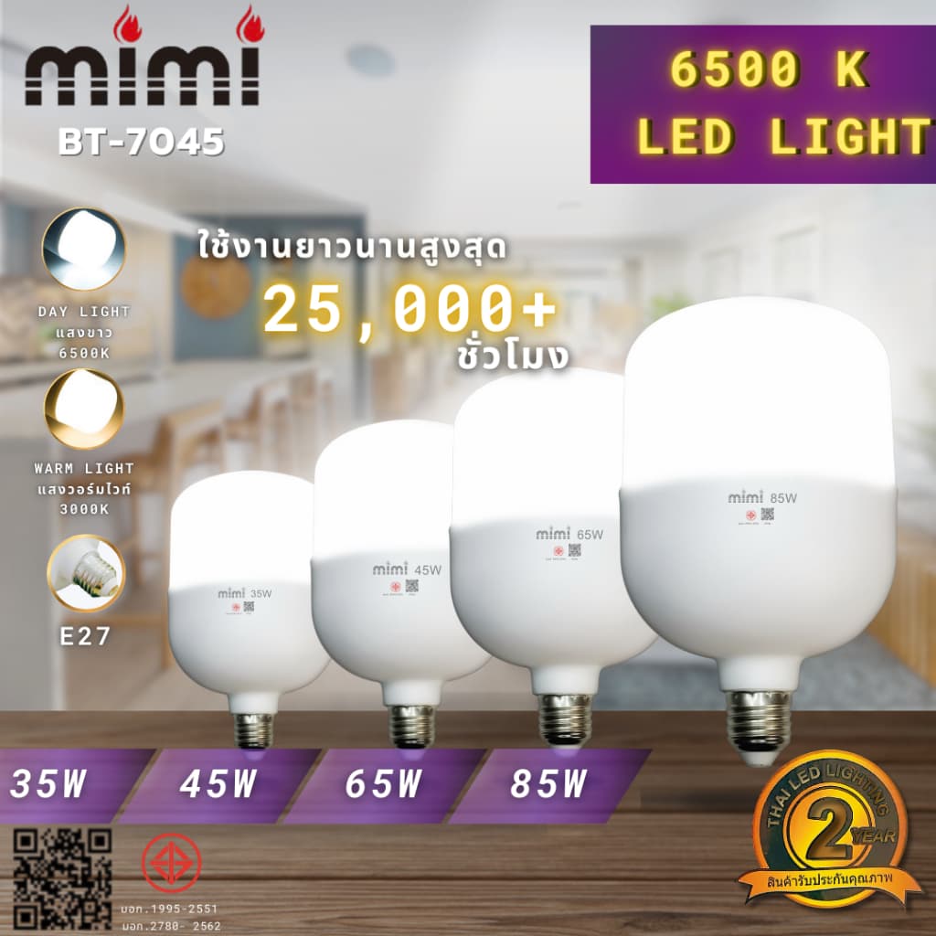 MIMI หลอดไฟ LED HighBulb ไฟ LED สว่างนวลตา หลอดไฟประหยัดพลังงาน 220V ขั้ว E27 25W 35W 45W 65W 85W