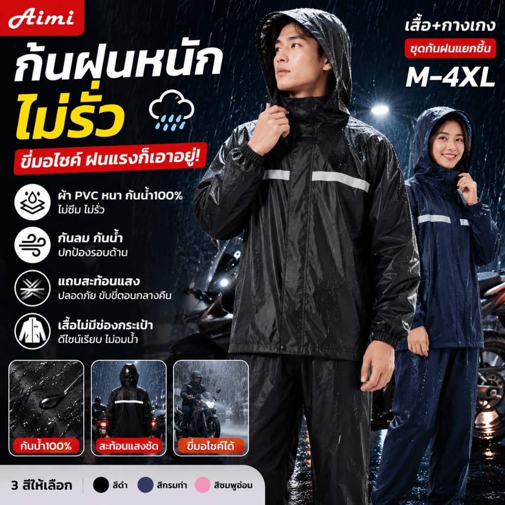 Aimi เสื้อกันฝนขี่มอไซค์ รุ่นหนา ชุดกันฝนแยกชิ้น กันฝนหนัก มีแถบสะท้อนแสง M-4XL