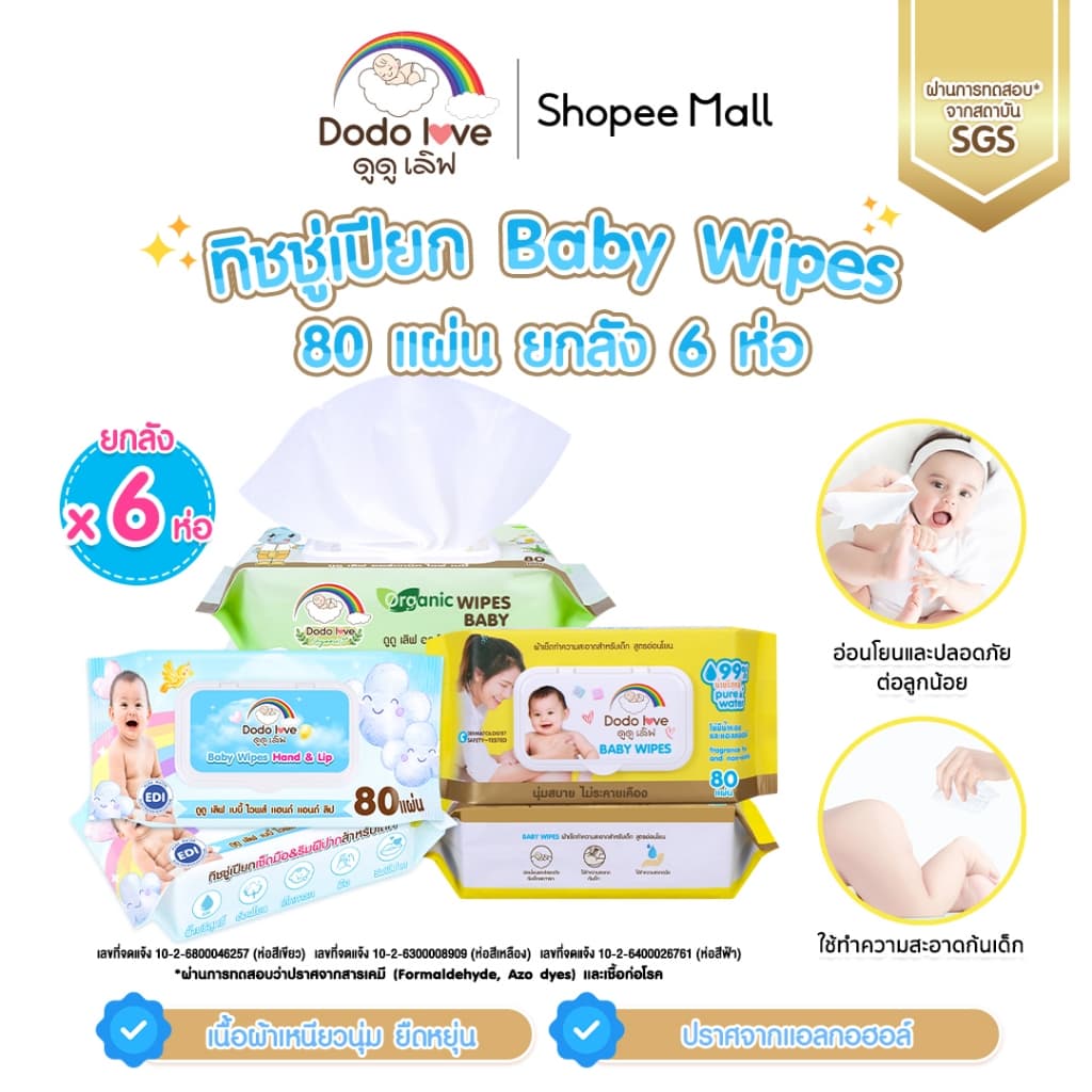 DODOLOVE ทิชชู่เปียก Baby Wipes ผ้าเช็ดทำความสะอาดสำหรับเด็ก ออร์แกนิค ทิชชู่ ทิชชูสำหรับเด็ก