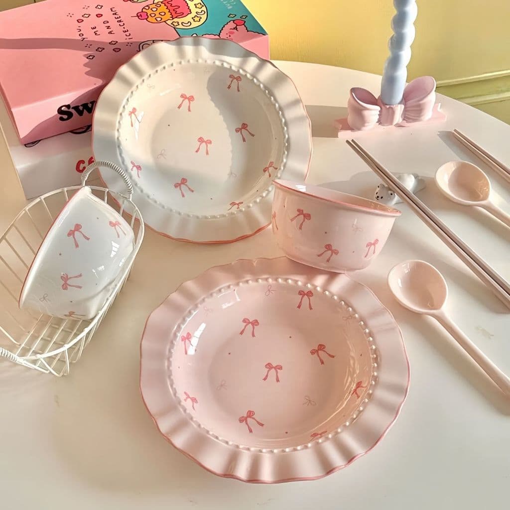 Plate Ceramic Tableware Rosy Bow Sweet And Gentle Collection Cute Bow Pattern