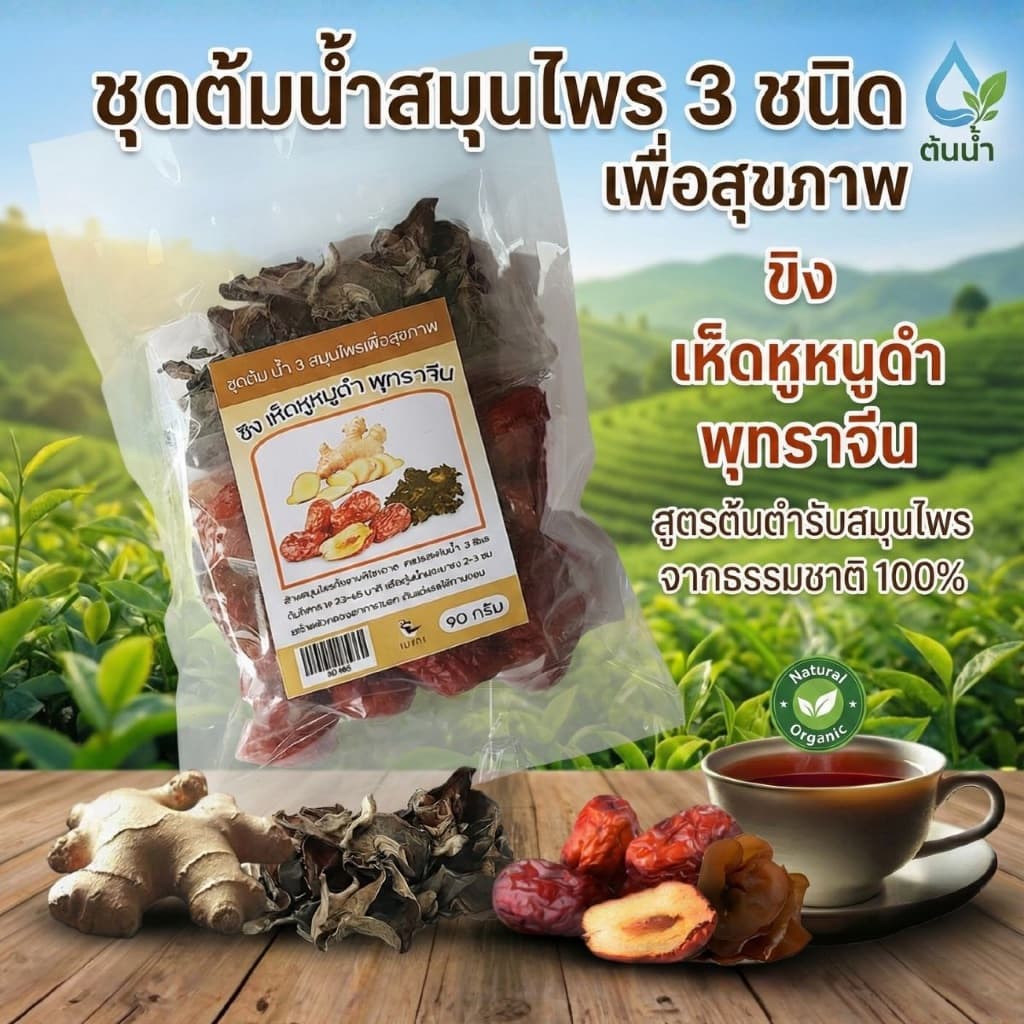 ชุดต้มน้ำสมุนไพร ขิง เห็ดหูหนูดำ พุทราจีน สมุนไพร สูตร 3 ชนิด ขนาด 90 กรัม สมุนไพรสามชนิด รูปที่ 1