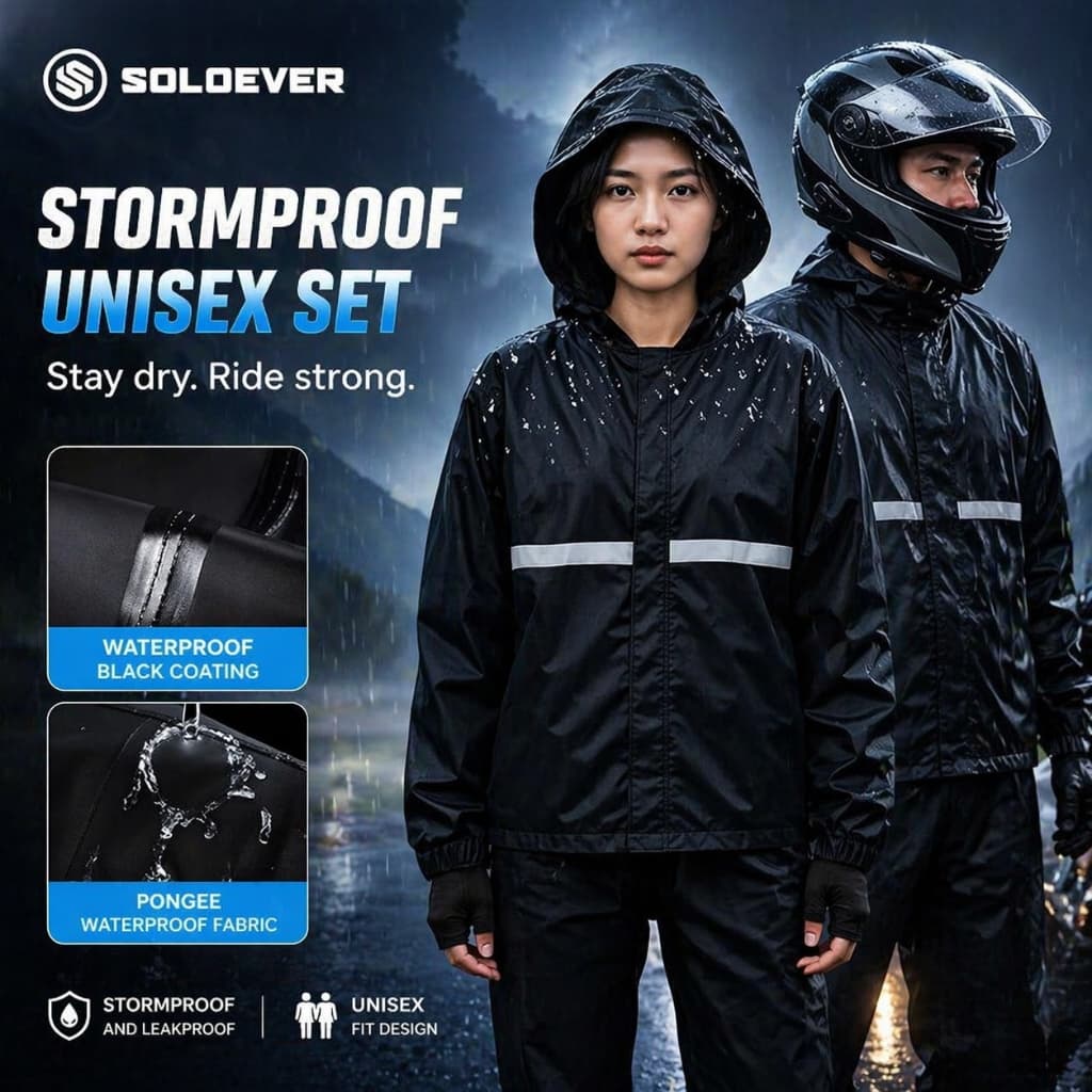 ​SOLOEVER เสื้อกันฝน 2ชิ้น กันน้ำ100% ฮู้ดปรับได้ เหมาะสำหรับขี่ ผู้ชาย ผู้หญิง สวมใส่สบาย ราคาพิเศษ