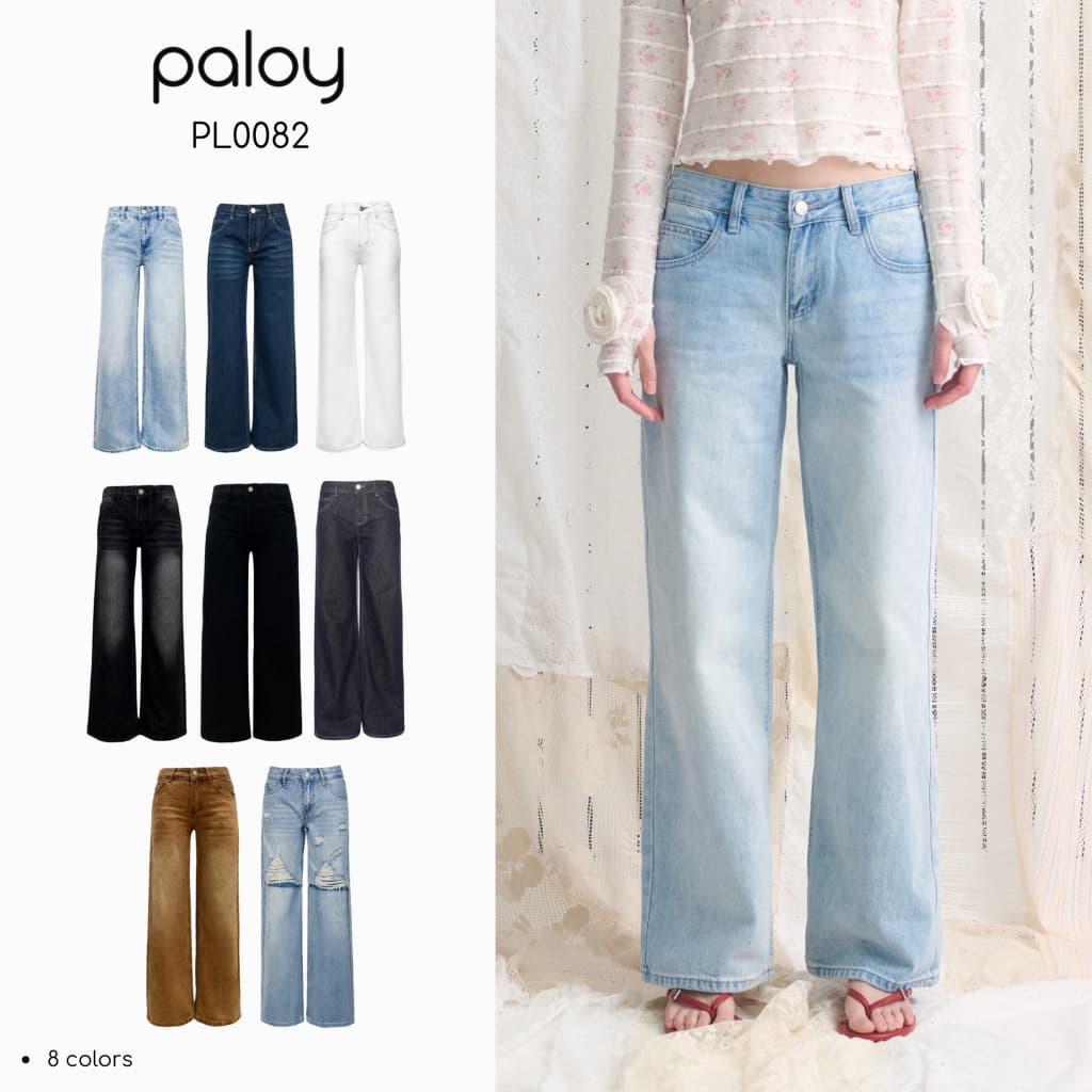 Paloy - PL0082 กางเกงยีนส์เอวต่ำ ขากระบอกกลาง แต่งเฟด