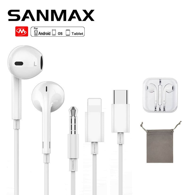 Sanmax หูฟัง ไม่ต้องใช้บลูทูธ เสียงดี มีไมโครโฟนในตัว อินเตอร์เฟซ 3.5mm Typec ฟซสายฟ้า สำหรับ os Android